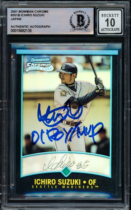 Ichiro Suzuki Autographed 2001 Bowman Chrome Refractor Japanese Rookie Card #351 Seattle Mariners Auto Grade Gem Mint 10 "01 ROY/MVP" Beckett BAS #15682135