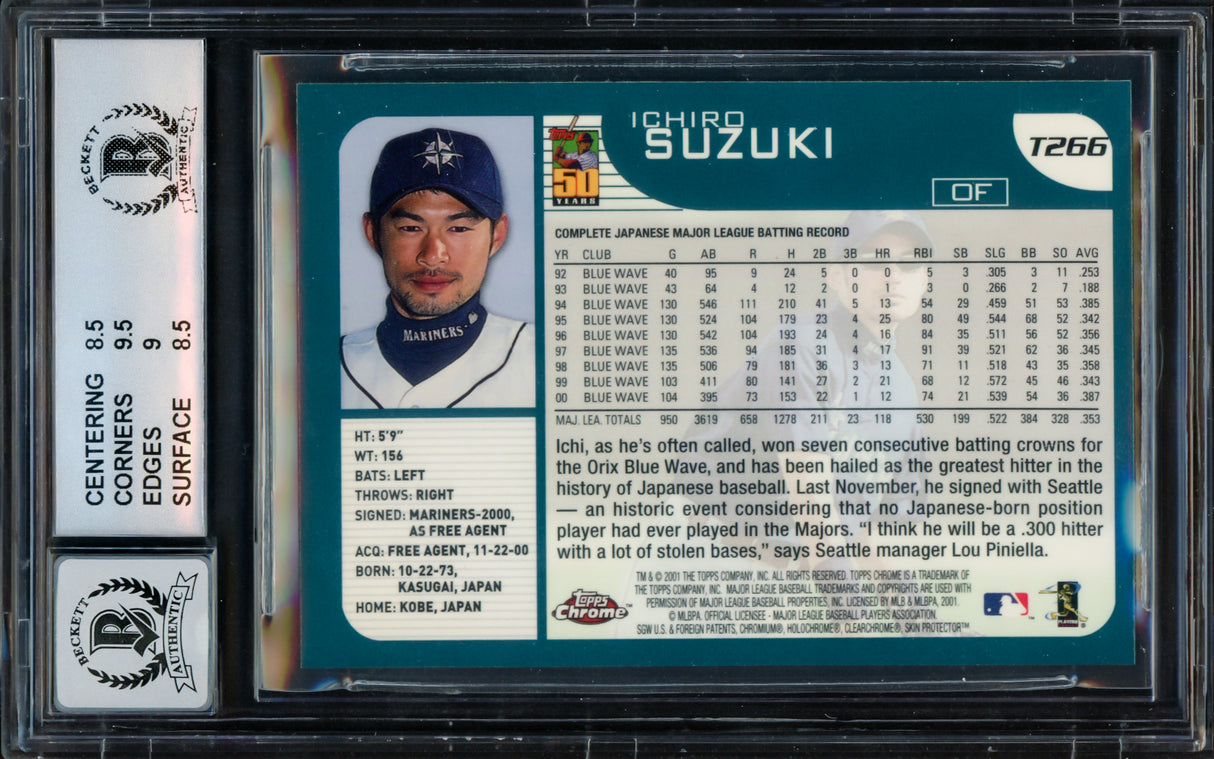 Ichiro Suzuki Autographed 2001 Topps Chrome Traded Rookie Card #T266 Seattle Mariners BGS 8.5 Auto Grade Gem Mint 10 Beckett BAS #15681668