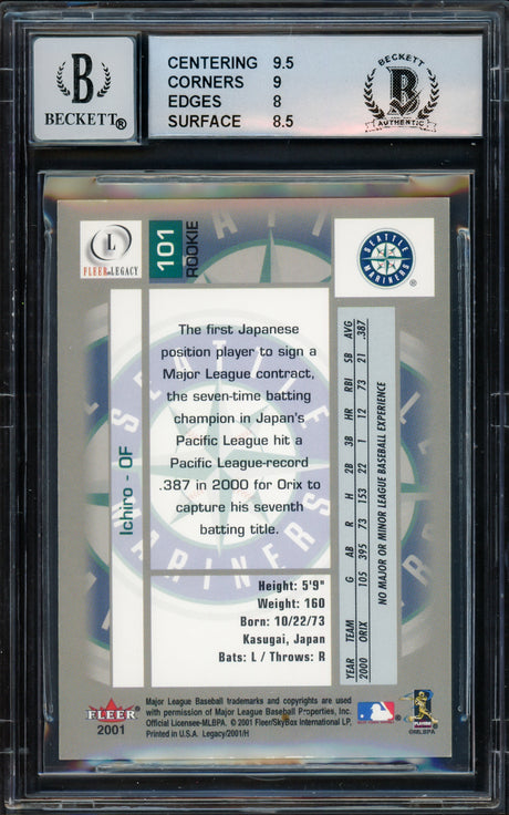 Ichiro Suzuki Autographed 2001 Fleer Legacy Rookie Card #101 Seattle Mariners BGS 8.5 Auto Grade Gem Mint 10 #261/799 Beckett BAS #15681278