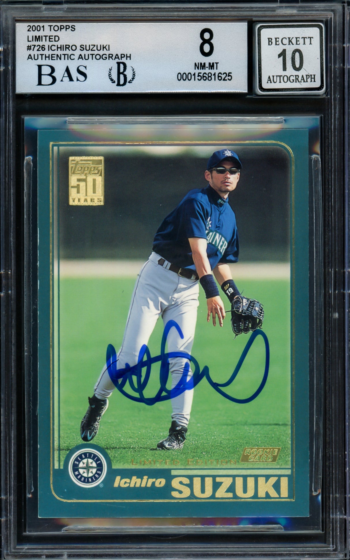 Ichiro Suzuki Autographed 2001 Topps Limited Edition Tiffany Rookie Card #726 Seattle Mariners BGS 8 Auto Grade Gem Mint 10 Beckett BAS #15681625