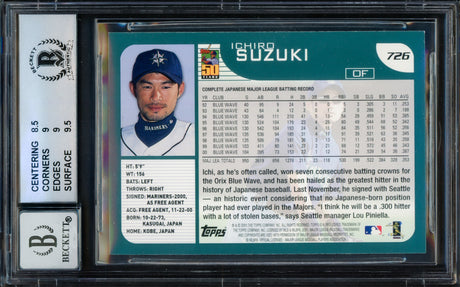 Ichiro Suzuki Autographed 2001 Topps Home Team Advantage Rookie Card #726 Seattle Mariners BGS 9 Auto Grade Gem Mint 10 Highest Graded Beckett BAS #15681622