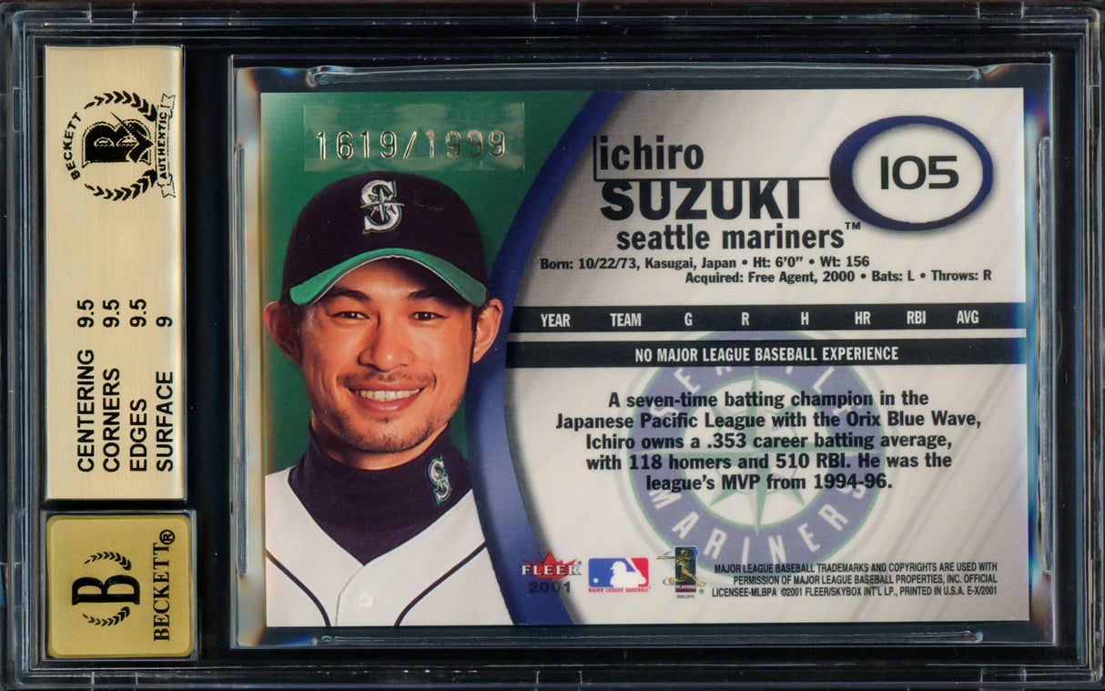 Ichiro Suzuki Autographed 2001 Fleer E-X Rookie Card #105 Seattle Mariners BGS 9.5 Auto Grade Gem Mint 10 Highest Graded #1619/1999 Beckett BAS #15681694