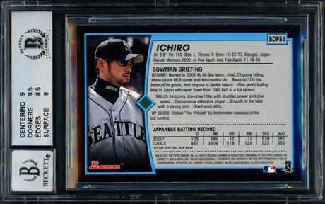 Ichiro Suzuki Autographed 2001 Bowman Draft Picks Rookie Card #BDP84 Seattle Mariners BGS 8.5 Auto Grade Gem Mint 10 Beckett BAS Stock #216428