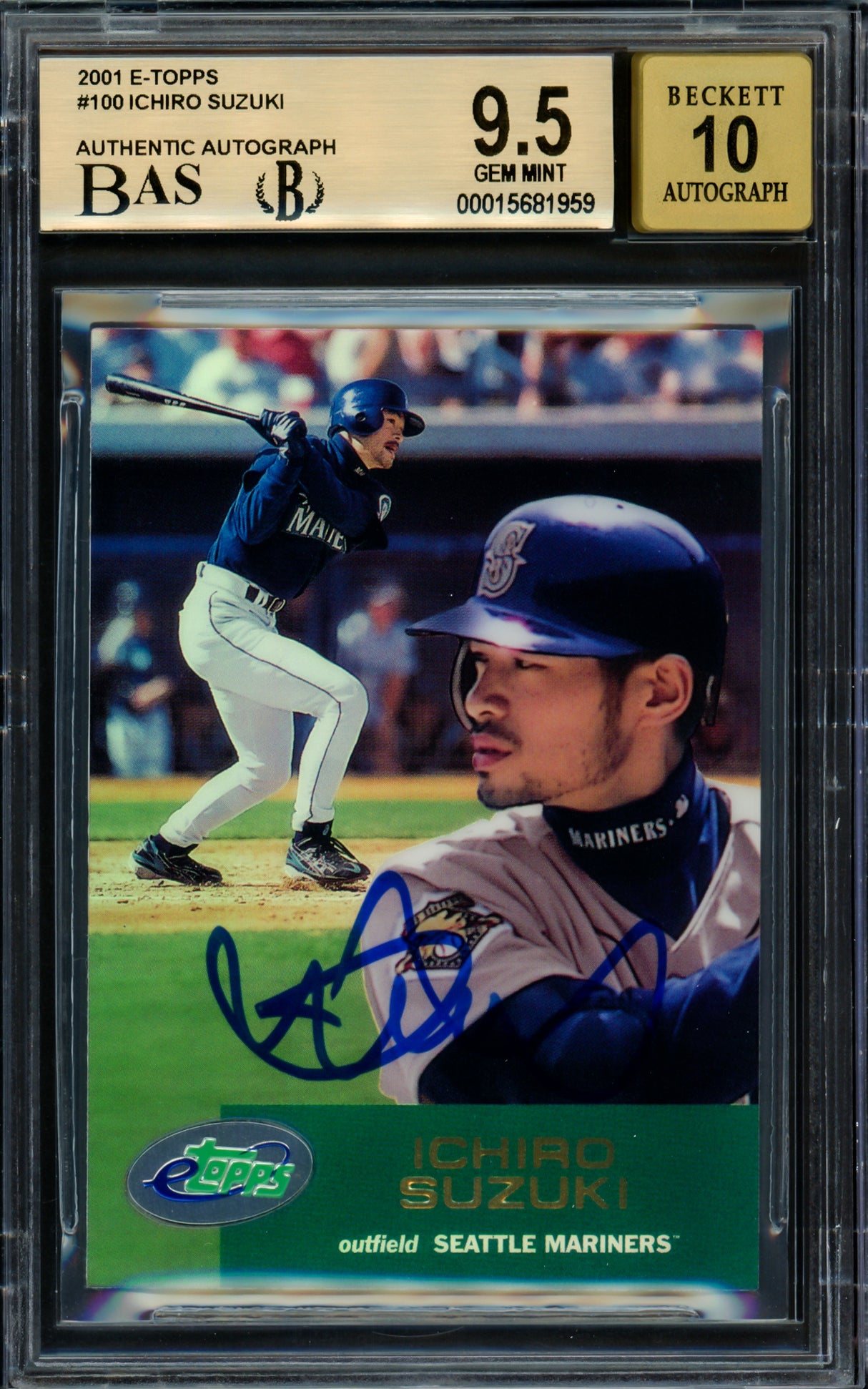 Ichiro Suzuki Autographed 2001 eTopps Rookie Card #100 Seattle Mariners BGS 9.5 Auto Grade Gem Mint 10 Beckett BAS #15681959