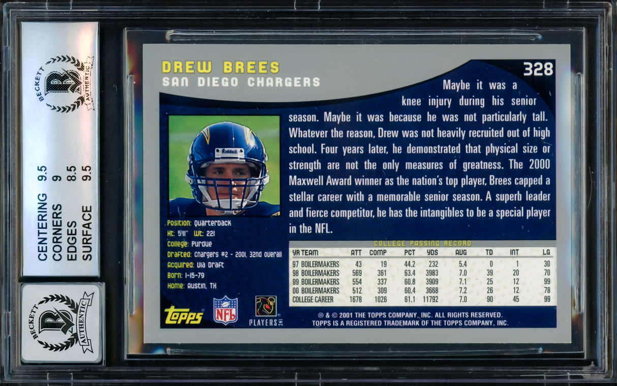 Drew Brees Autographed 2001 Topps Collection Rookie Card #328 San Diego Chargers BGS 9 Auto Grade Gem Mint 10 Highest Graded Beckett BAS #15681929