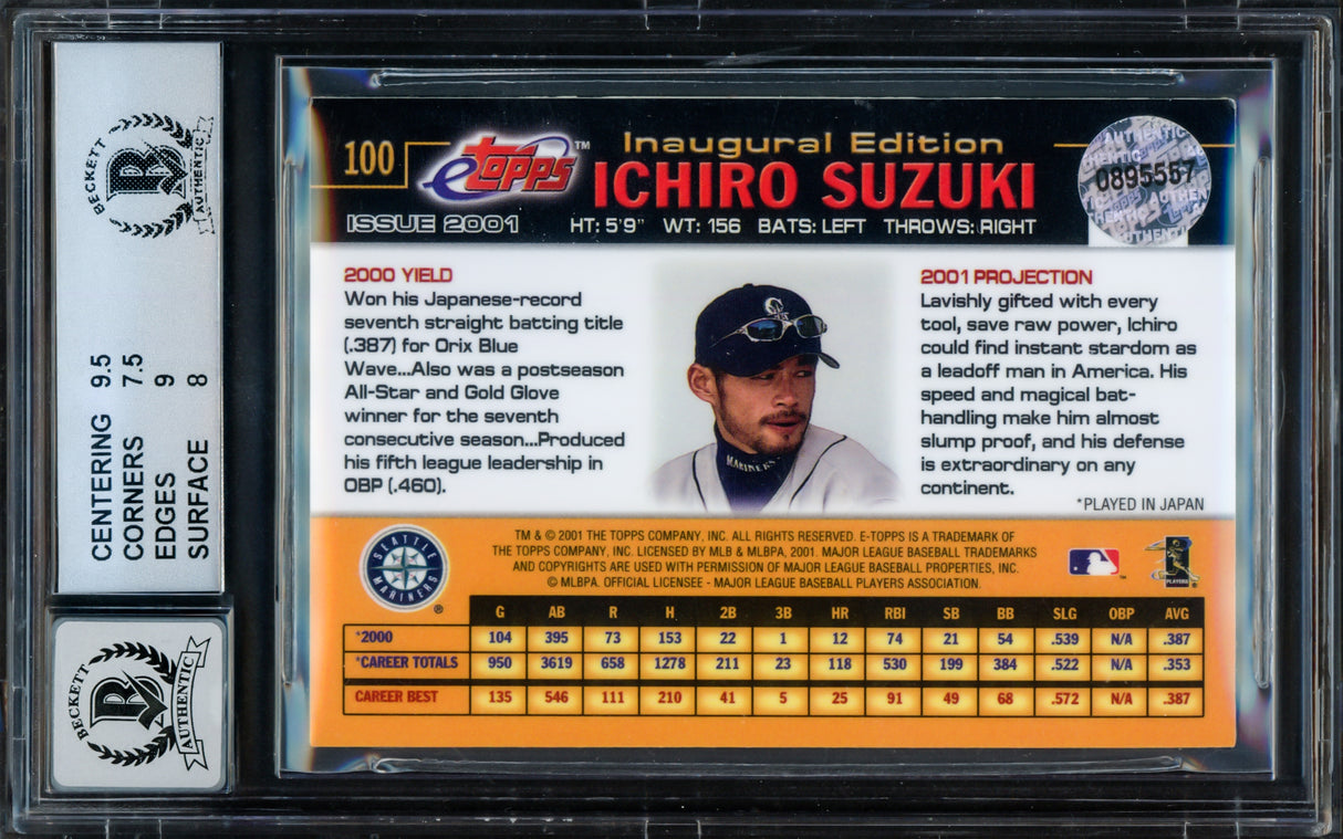 Ichiro Suzuki Autographed 2001 eTopps Rookie Card #100 Seattle Mariners BGS 8 Auto Grade Gem Mint 10 Beckett BAS #15681956