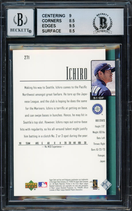 Ichiro Suzuki Autographed 2001 Upper Deck Rookie Card #271 Seattle Mariners BGS 8.5 Auto Grade Gem Mint 10 Beckett BAS #15681310