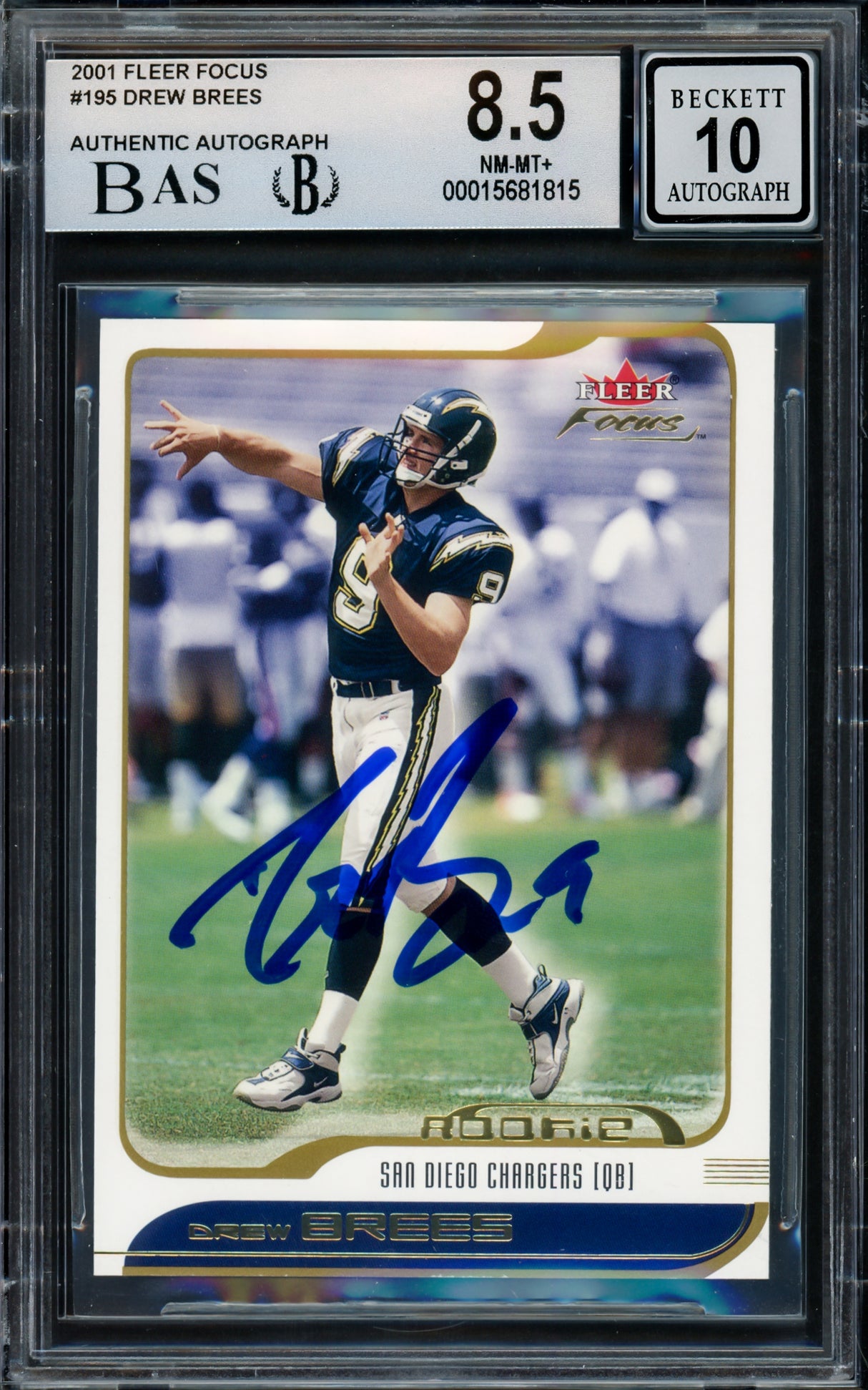 Drew Brees Autographed 2001 Fleer Focus Rookie Card #195 San Diego Chargers BGS 8.5 Auto Grade Gem Mint 10 Beckett BAS #15681815