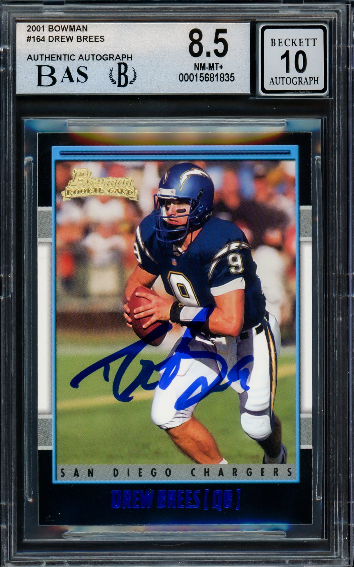 Drew Brees Autographed 2001 Bowman Rookie Card #164 San Diego Chargers BGS 8.5 Auto Grade Gem Mint 10 Beckett BAS #15681835