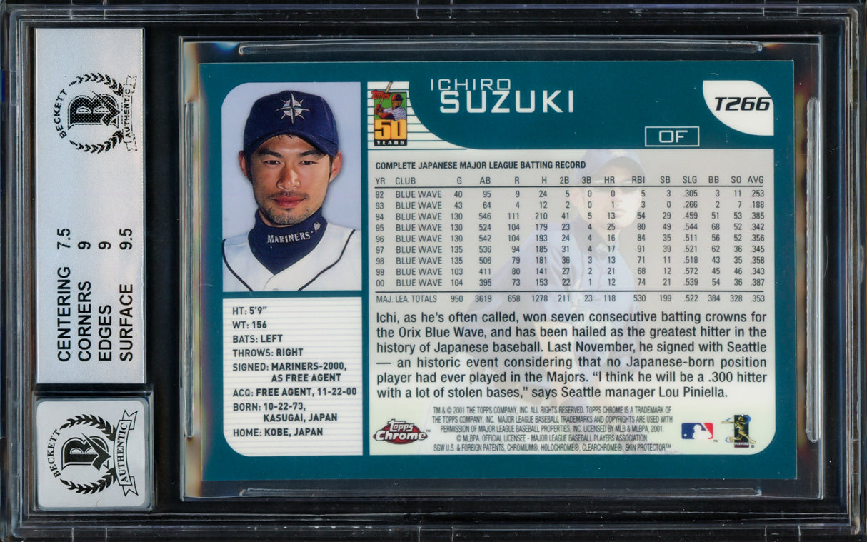 Ichiro Suzuki Autographed 2001 Topps Chrome Traded Rookie Card #T266 Seattle Mariners BGS 8 Auto Grade Gem Mint 10 Beckett BAS #15681669