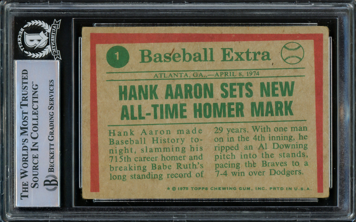 Hank Aaron Autographed 1975 Topps Card #1 Atlanta Braves Beckett BAS #15686310