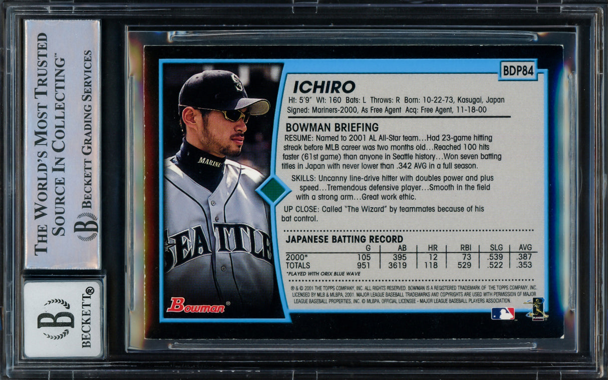 Ichiro Suzuki Autographed 2001 Bowman Draft Picks Rookie Card #BDP84 Seattle Mariners Auto Grade Gem Mint 10 Beckett BAS Stock #216429