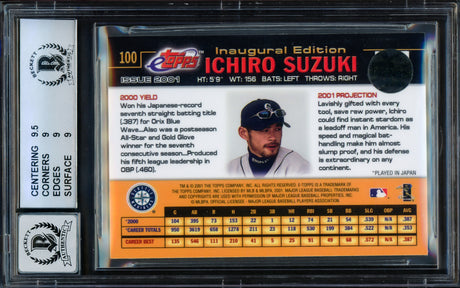 Ichiro Suzuki Autographed 2001 eTopps Rookie Card #100 Seattle Mariners BGS 9 Auto Grade Gem Mint 10 "01 ROY/MVP" Beckett BAS Stock #216432