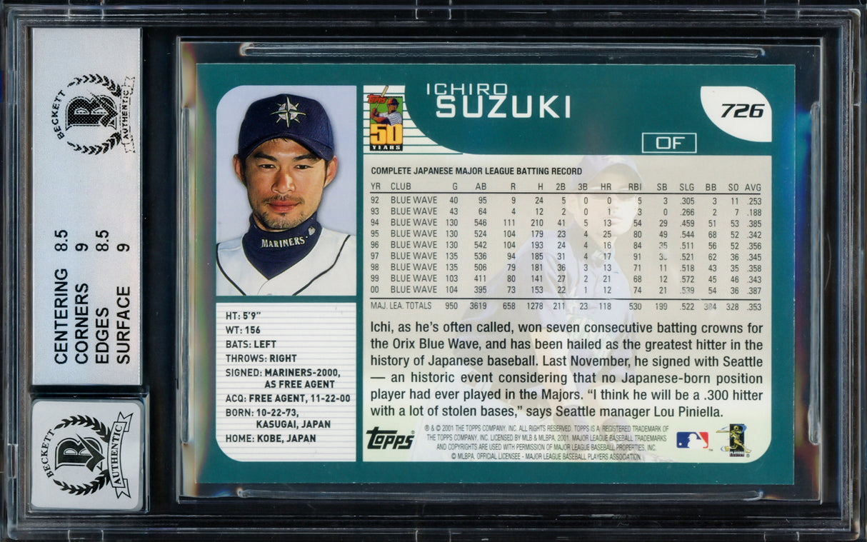 Ichiro Suzuki Autographed 2001 Topps Rookie Card #726 Seattle Mariners BGS 8.5 Auto Grade Gem Mint 10 Beckett BAS Stock #216436