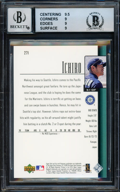 Ichiro Suzuki Autographed 2001 Upper Deck Rookie Card #271 Seattle Mariners BGS 9 Auto Grade Gem Mint 10 Beckett BAS Stock #216438