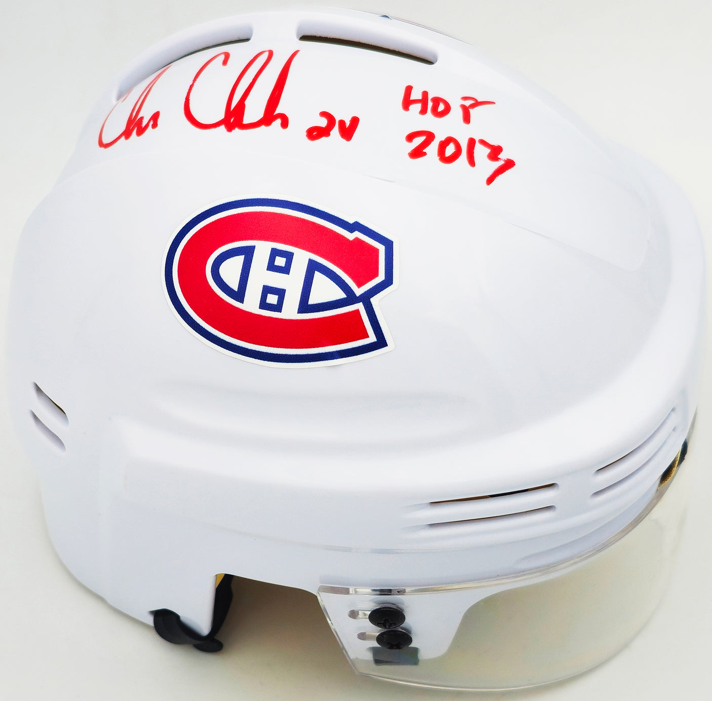 Chris Chelios Autographed Montreal Canadiens White Mini Helmet "HOF 2013" Beckett BAS Witness Stock #232840