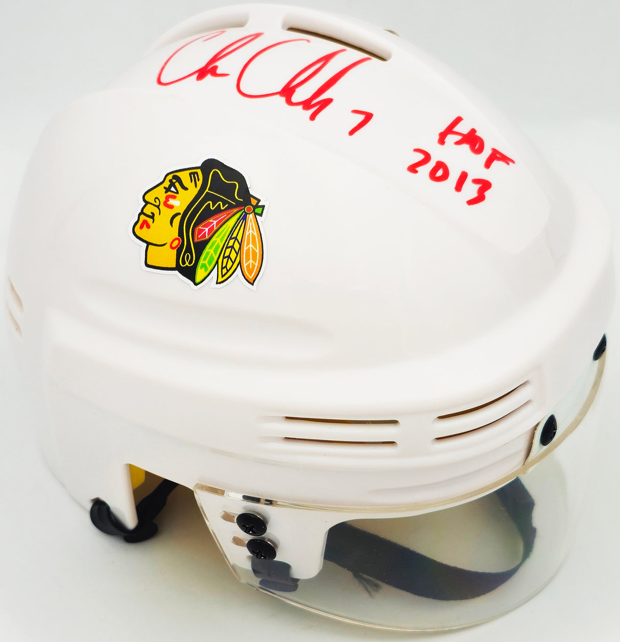 Chris Chelios Autographed Chicago Blackhawks White Mini Helmet "HOF 2013" Beckett BAS Witness Stock #232838