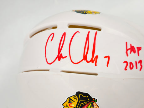 Chris Chelios Autographed Chicago Blackhawks White Mini Helmet "HOF 2013" Beckett BAS Witness Stock #232838