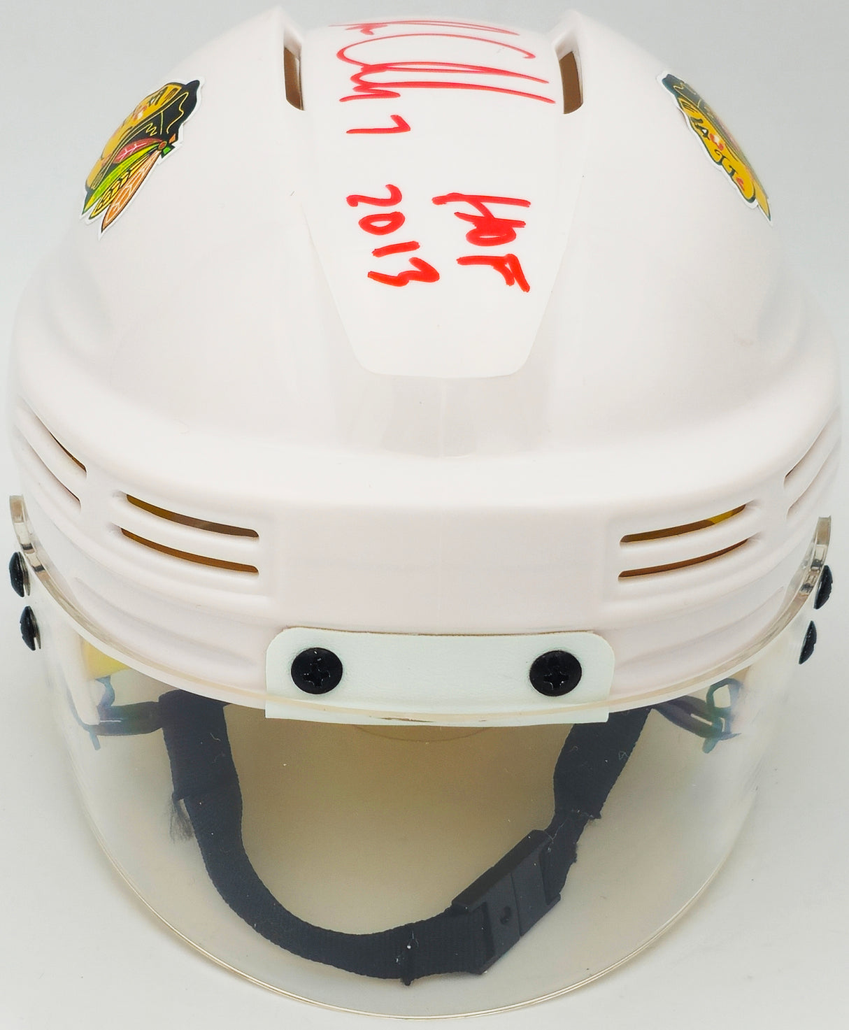 Chris Chelios Autographed Chicago Blackhawks White Mini Helmet "HOF 2013" Beckett BAS Witness Stock #232838