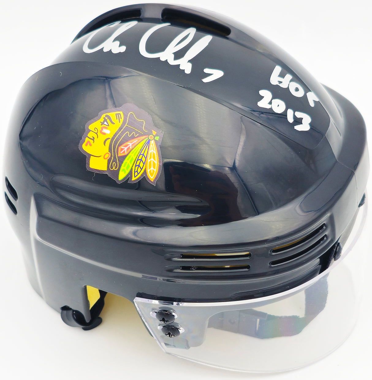 Chris Chelios Autographed Chicago Blackhawks Black Mini Helmet "HOF 2013" Beckett BAS Witness Stock #232837