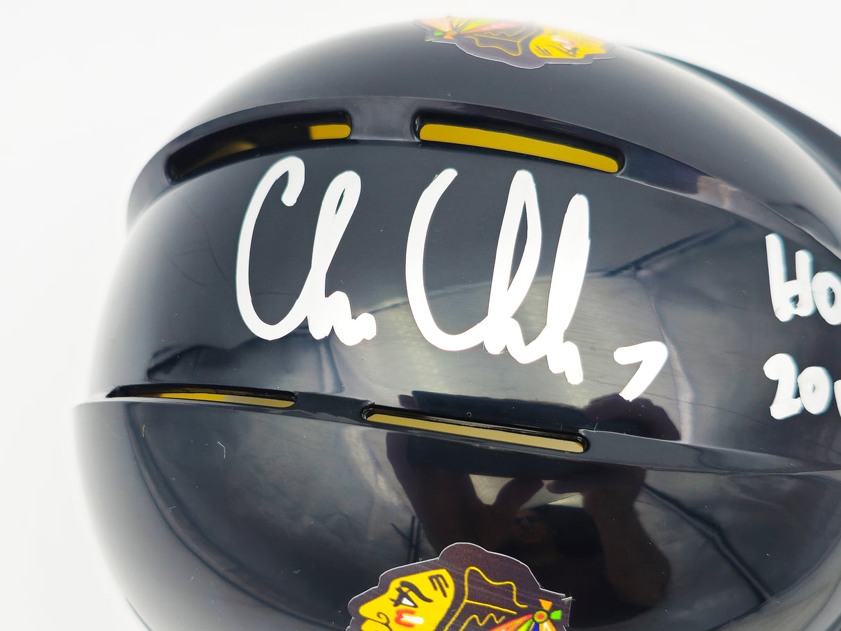 Chris Chelios Autographed Chicago Blackhawks Black Mini Helmet "HOF 2013" Beckett BAS Witness Stock #232837