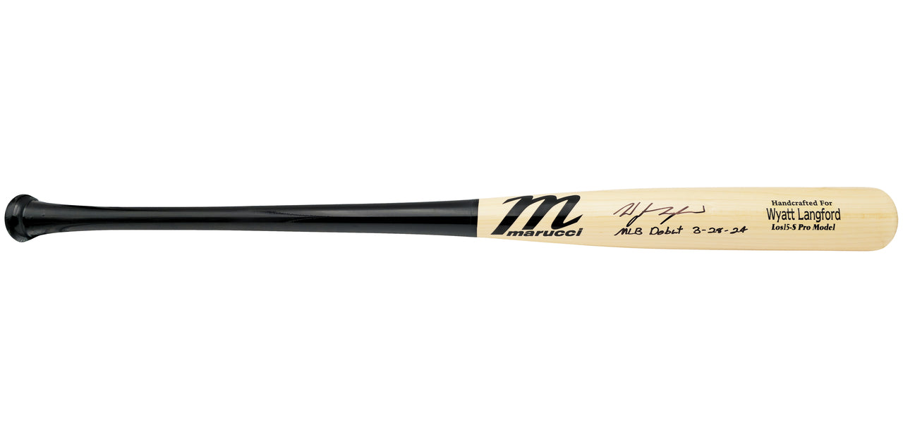 Wyatt Langford Autographed Blonde Marucci Player Model Baseball Bat Texas Rangers "MLB Debut 3-28-24" Fanatics and MLB Holo Stock #232812