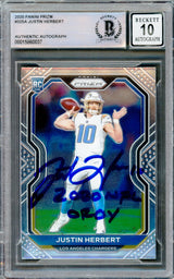 Justin Herbert Autographed 2020 Panini Prizm Rookie Card #325 Los Angeles Chargers Auto Grade Gem Mint 10 "2020 NFL OROY" Beckett BAS Stock #218662