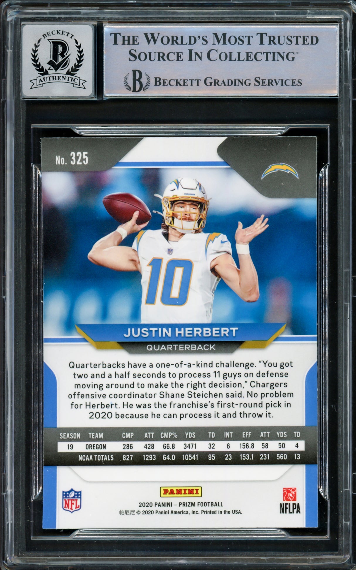 Justin Herbert Autographed 2020 Panini Prizm Rookie Card #325 Los Angeles Chargers Auto Grade Gem Mint 10 "2020 NFL OROY" Beckett BAS Stock #218662