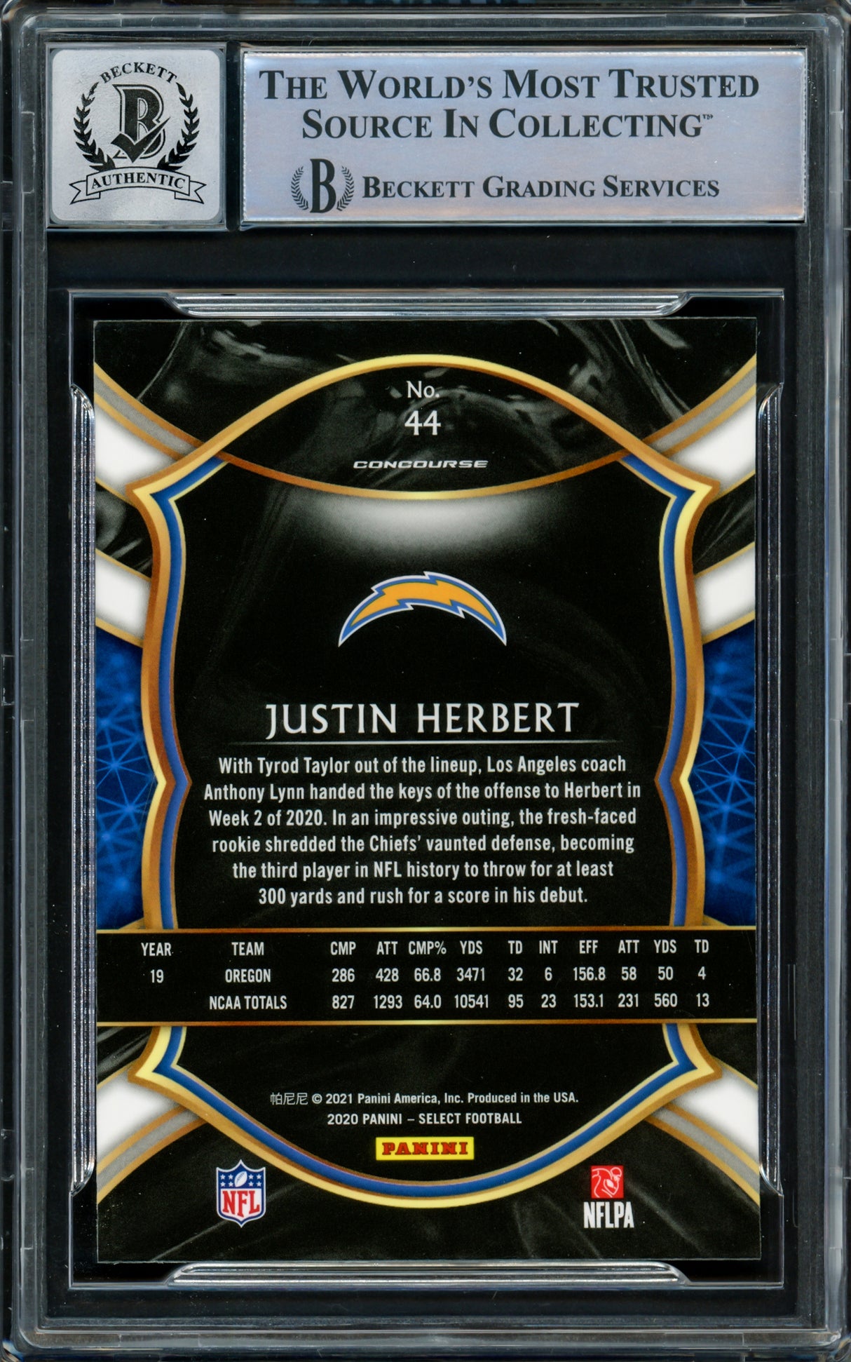 Justin Herbert Autographed 2020 Panini Select Rookie Card #44 Los Angeles Chargers Auto Grade Gem Mint 10 "2020 NFL OROY" Beckett BAS Stock #218663