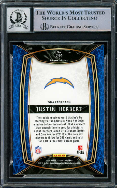 Justin Herbert Autographed 2020 Panini Select Rookie Card #244 Los Angeles Chargers Auto Grade Gem Mint 10 "2020 NFL OROY" Beckett BAS Stock #218664