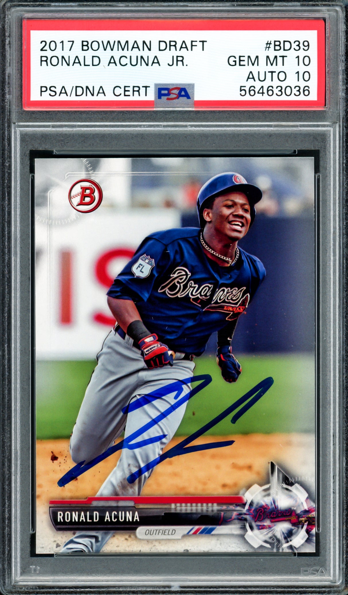 Ronald Acuna Jr. Autographed 2017 Bowman Draft Rookie Card #BD39 Atlanta Braves PSA 10 Auto Grade Gem Mint 10 PSA/DNA #56463036