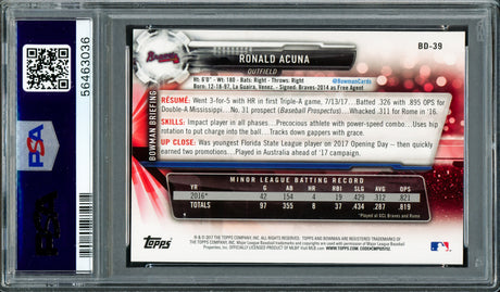 Ronald Acuna Jr. Autographed 2017 Bowman Draft Rookie Card #BD39 Atlanta Braves PSA 10 Auto Grade Gem Mint 10 PSA/DNA #56463036