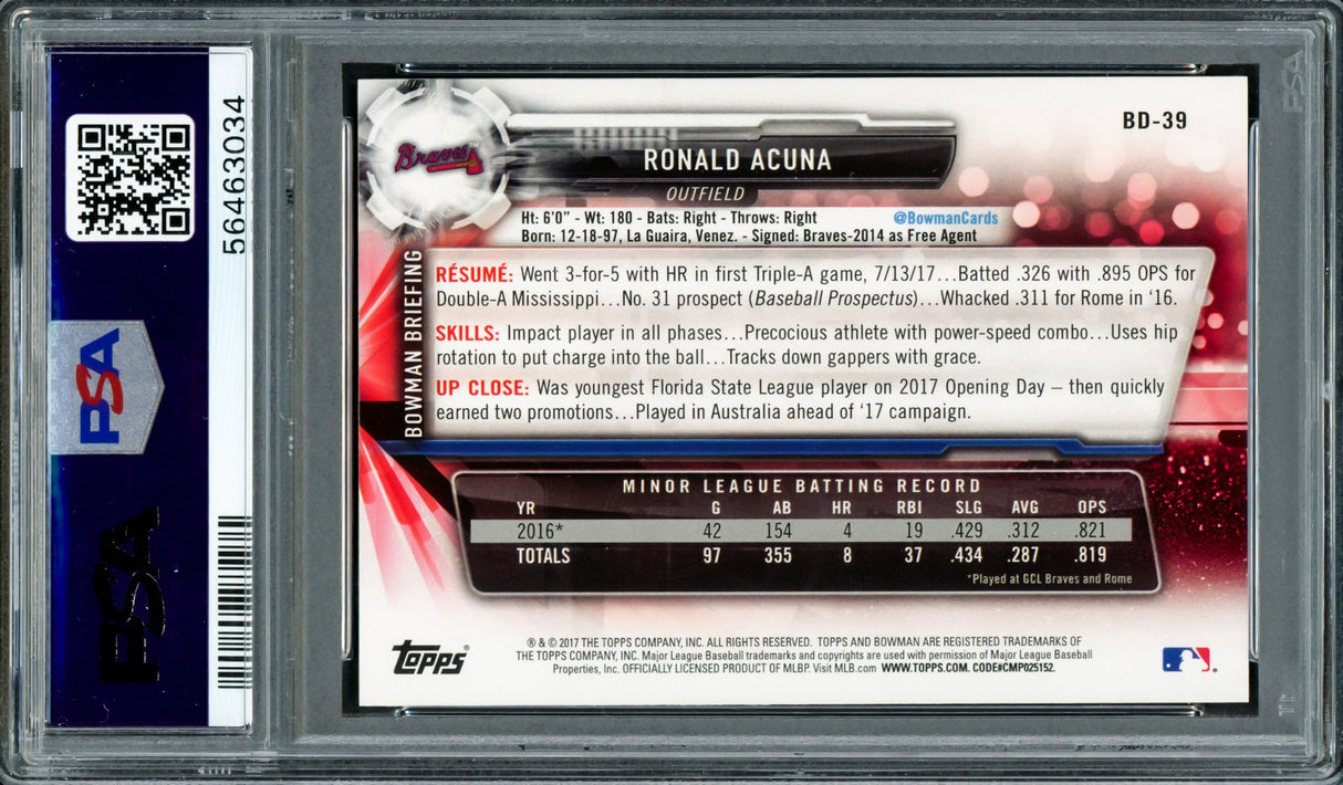 Ronald Acuna Jr. Autographed 2017 Bowman Draft Rookie Card #BD39 Atlanta Braves PSA 10 Auto Grade Gem Mint 10 PSA/DNA #56463034