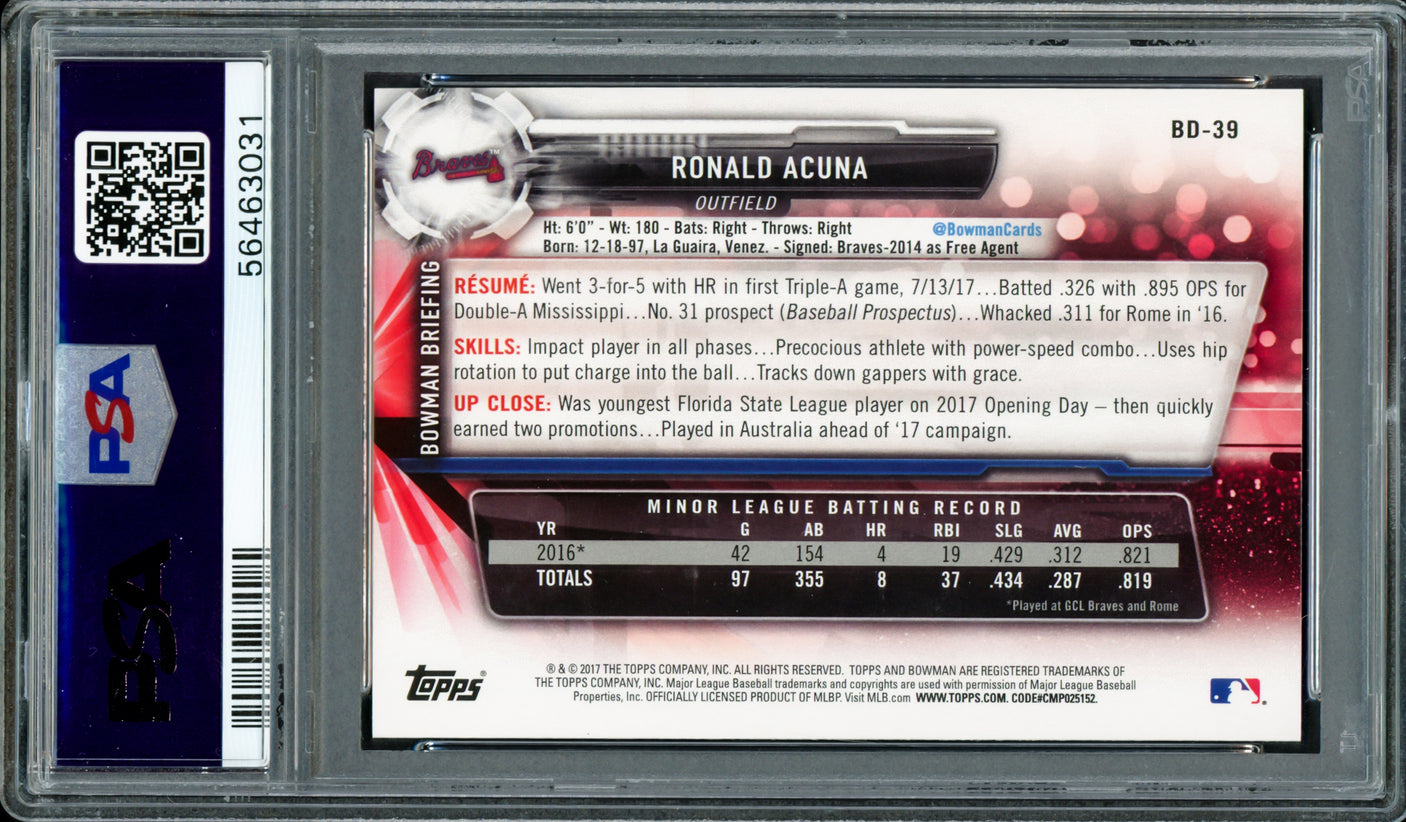 Ronald Acuna Jr. Autographed 2017 Bowman Draft Rookie Card #BD39 Atlanta Braves PSA 10 Auto Grade Gem Mint 10 PSA/DNA #56463031