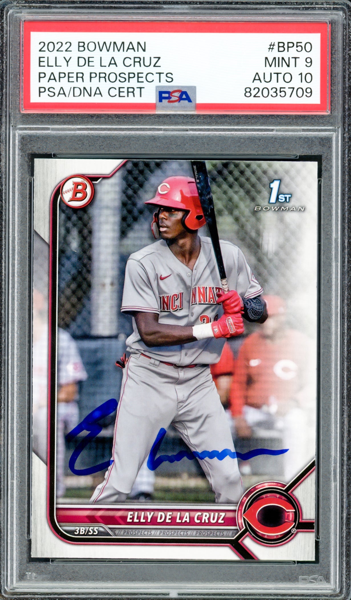 Elly De La Cruz Autographed 2022 1st Bowman Prospects Rookie Card #BP50 Cincinnati Reds PSA 9 Auto Grade Gem Mint 10 PSA/DNA #82035709