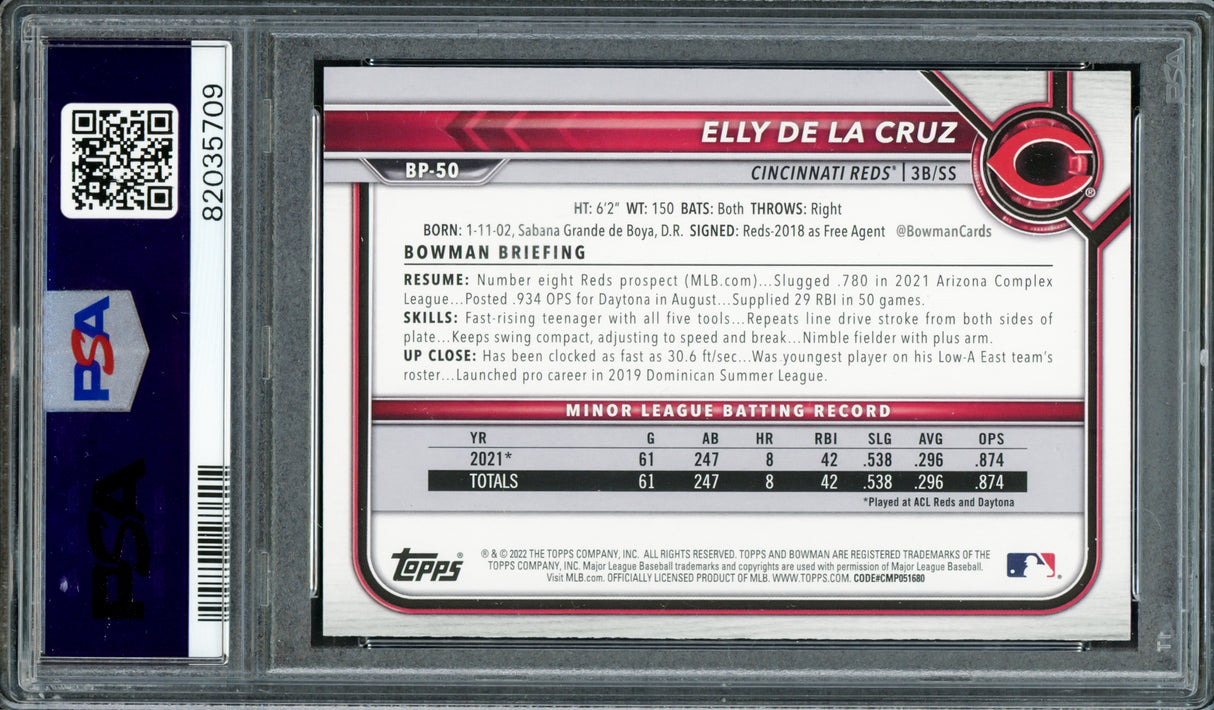 Elly De La Cruz Autographed 2022 1st Bowman Prospects Rookie Card #BP50 Cincinnati Reds PSA 9 Auto Grade Gem Mint 10 PSA/DNA #82035709