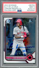 Elly De La Cruz Autographed 2022 1st Bowman Chrome Prospects Rookie Card #BCP50 Cincinnati Reds PSA 9 Auto Grade Gem Mint 10 "1st HR 6/7/23" PSA/DNA Stock #233409