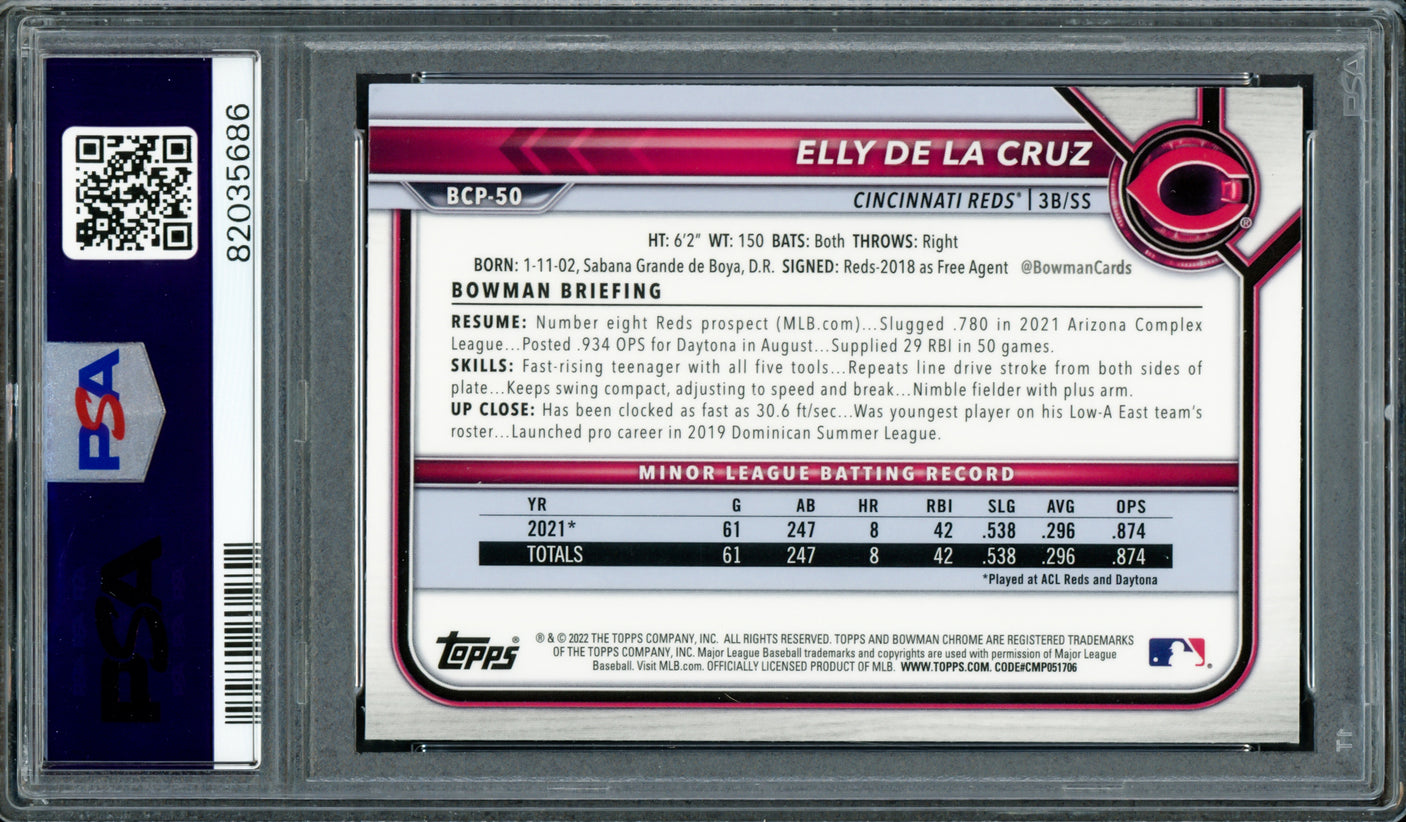 Elly De La Cruz Autographed 2022 1st Bowman Chrome Prospects Rookie Card #BCP50 Cincinnati Reds PSA 9 Auto Grade Gem Mint 10 "MLB Debut 6/6/23" PSA/DNA Stock #233410