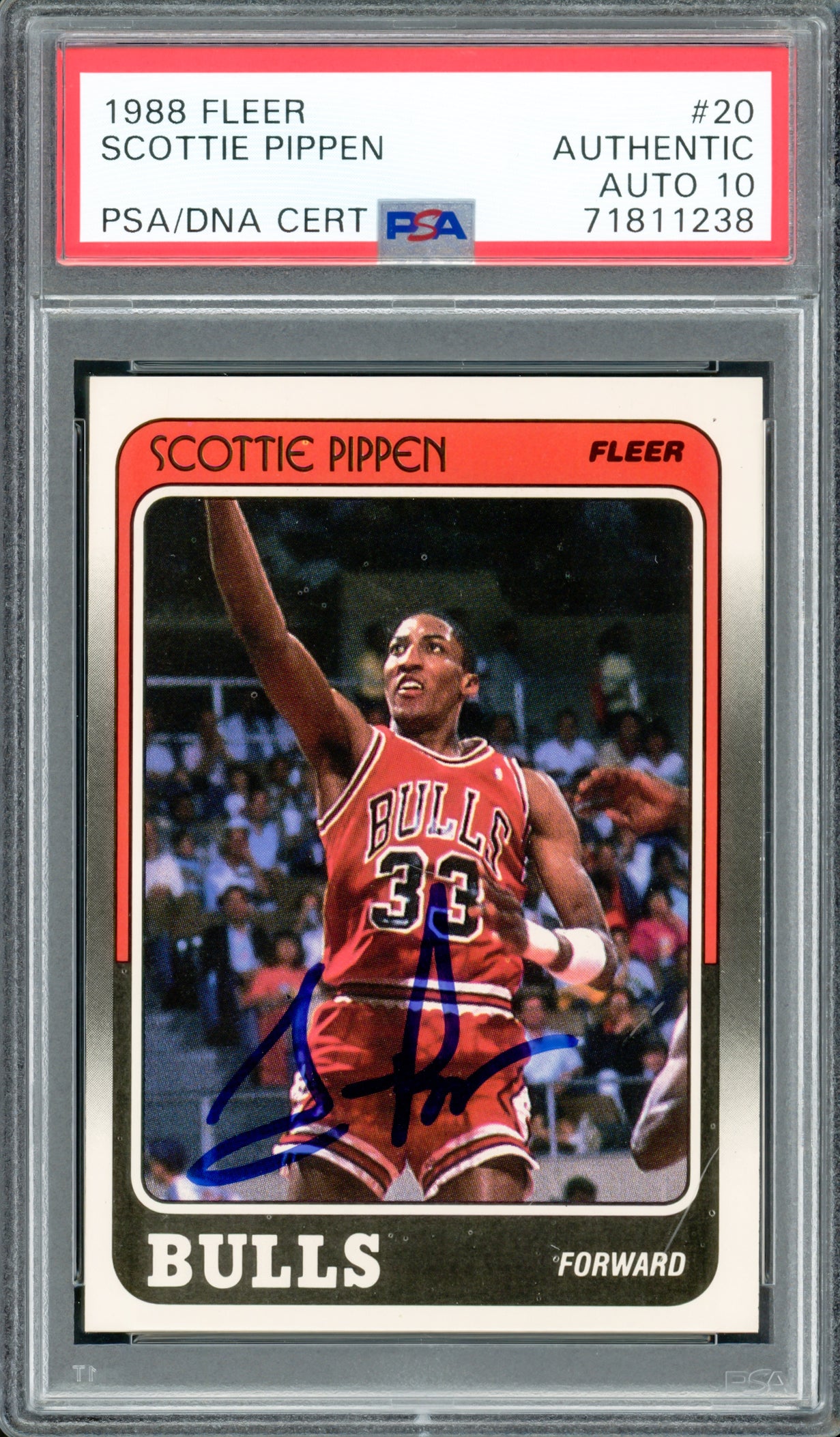 Scottie Pippen Autographed 1988-89 Fleer Rookie Card #20 Chicago Bulls Auto Grade Gem Mint 10 PSA/DNA #71811238