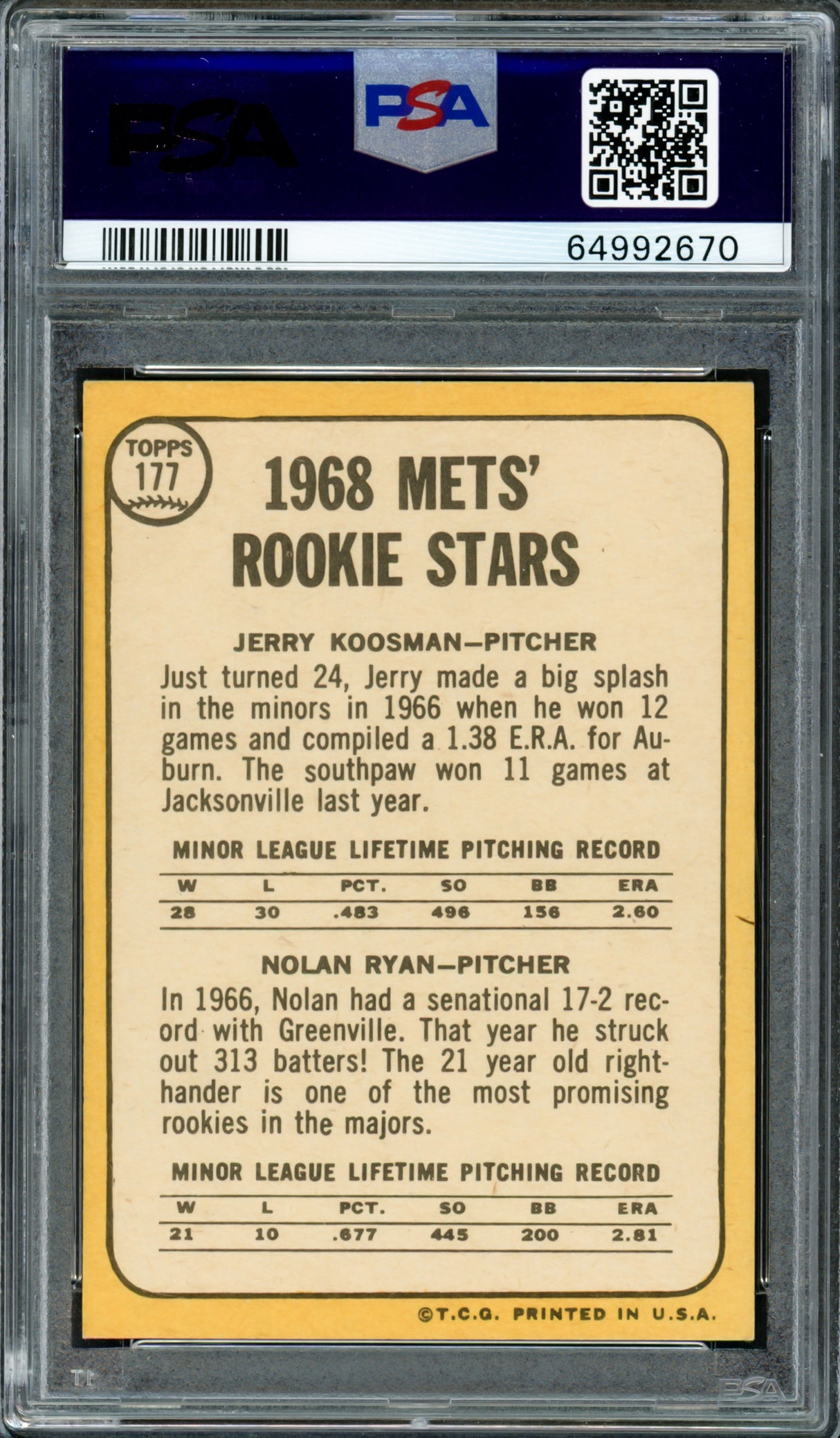 Nolan Ryan Autographed 1968 Topps Rookie Card #177 New York Mets PSA 6 Auto Grade Gem Mint 10 PSA/DNA #64992670