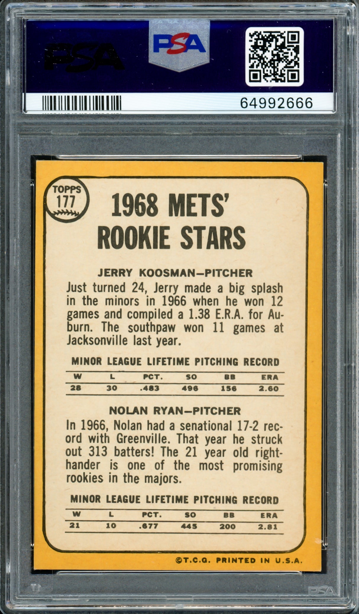 Nolan Ryan Autographed 1968 Topps Rookie Card #177 New York Mets PSA 6 Auto Grade Gem Mint 10 PSA/DNA #64992666