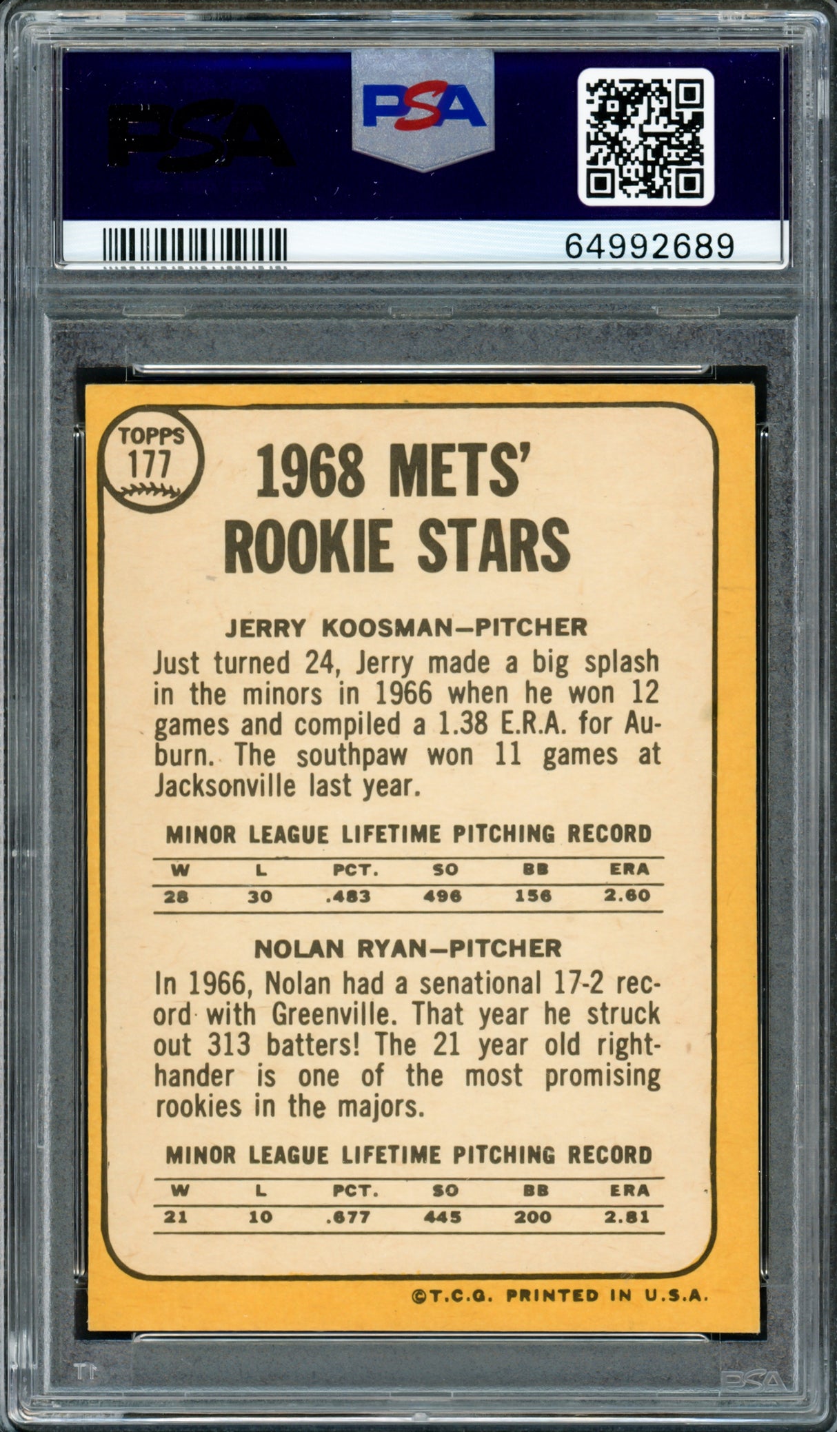 Nolan Ryan Autographed 1968 Topps Rookie Card #177 New York Mets PSA 6 Auto Grade Gem Mint 10 PSA/DNA #64992689