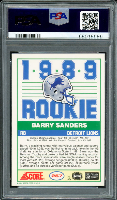 Barry Sanders Autographed 1989 Score Rookie Card #257 Detroit Lions PSA 9 Auto Grade Gem Mint 10 PSA/DNA #68018596