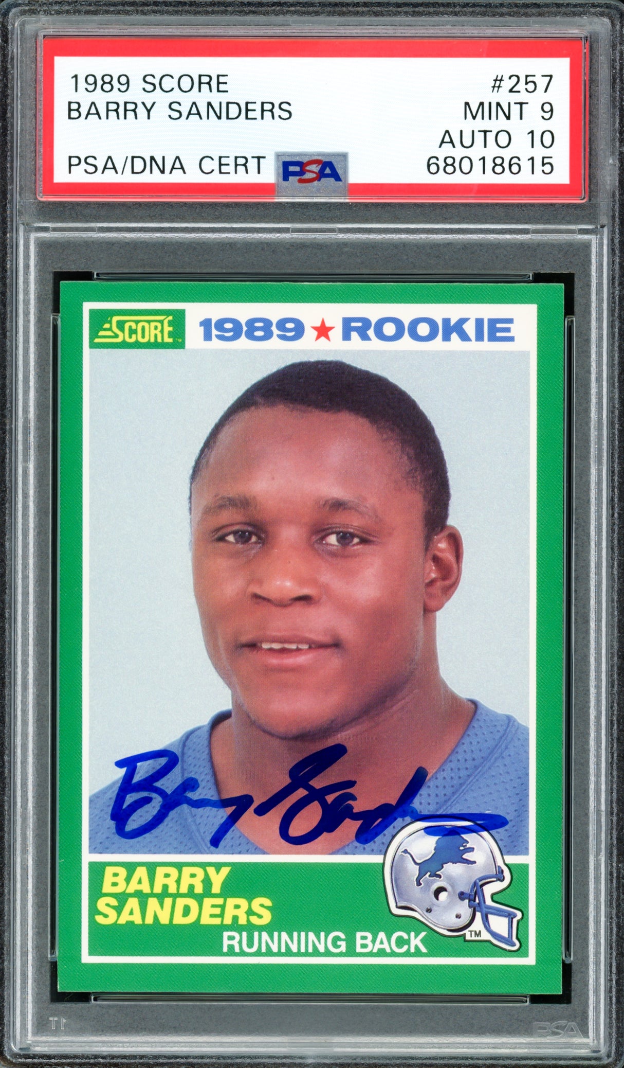 Barry Sanders Autographed 1989 Score Rookie Card #257 Detroit Lions PSA 9 Auto Grade Gem Mint 10 PSA/DNA #68018615