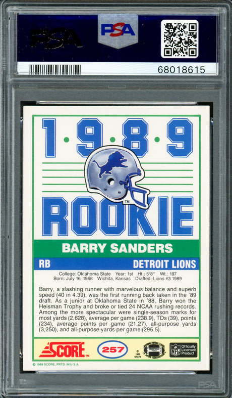 Barry Sanders Autographed 1989 Score Rookie Card #257 Detroit Lions PSA 9 Auto Grade Gem Mint 10 PSA/DNA #68018615