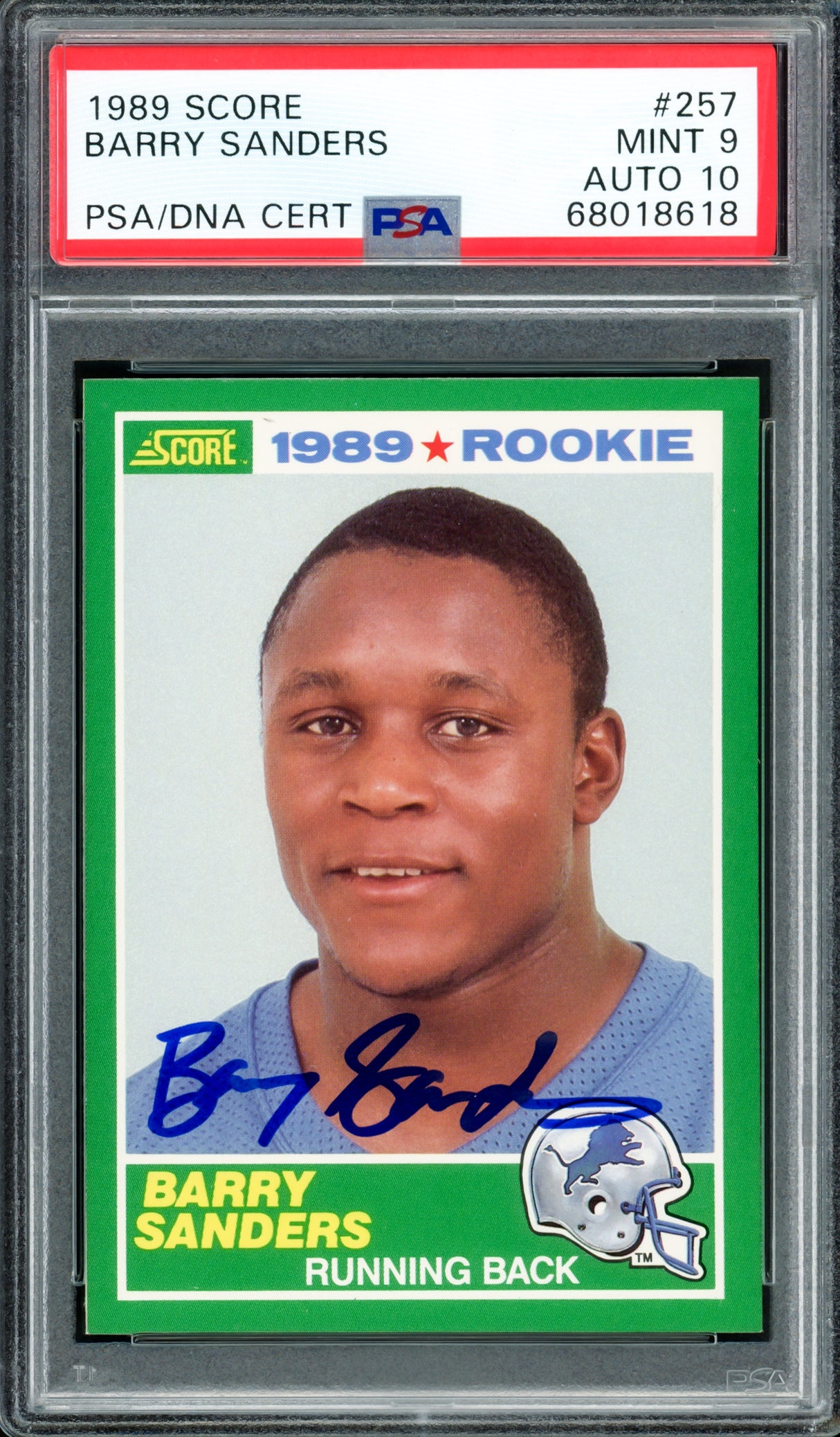 Barry Sanders Autographed 1989 Score Rookie Card #257 Detroit Lions PSA 9 Auto Grade Gem Mint 10 PSA/DNA #68018618