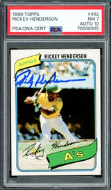 Rickey Henderson Autographed 1980 Topps Rookie Card #482 Oakland A's PSA 7 Auto Grade Gem Mint 10 PSA/DNA #76568965