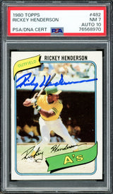 Rickey Henderson Autographed 1980 Topps Rookie Card #482 Oakland A's PSA 7 Auto Grade Gem Mint 10 PSA/DNA #76568970