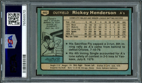 Rickey Henderson Autographed 1980 Topps Rookie Card #482 Oakland A's PSA 7 Auto Grade Gem Mint 10 PSA/DNA #76568970