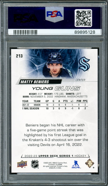 Matty Beniers Autographed 2022 Upper Deck Young Guns Rookie Card #213 Seattle Kraken PSA 10 Auto Grade Gem Mint 10 PSA/DNA #89895128